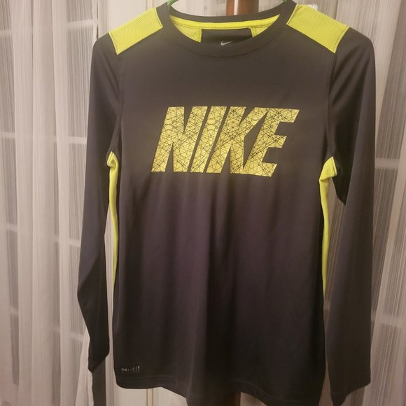 Nike DRI-FIT Long Sleeve Charcoal Gray & Neon Athletic Shirt Boys Large - Picture 1 of 9